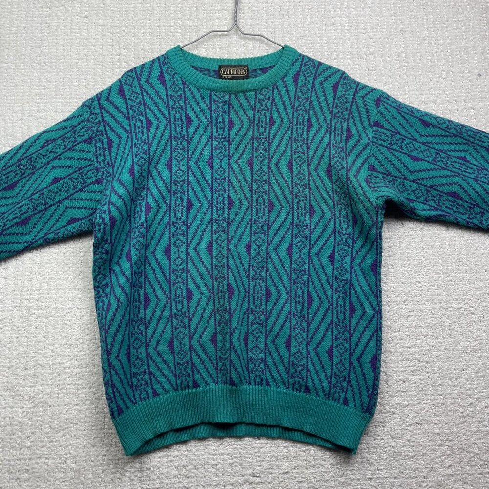 VTG Capricorn Crewneck Knit Grandpa Sweater Men Sz M Psychedelic's Geometric AOP - Picture 8 of 15